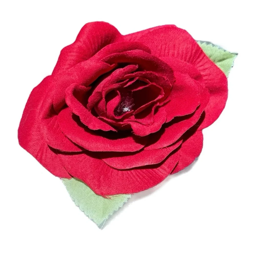 VINTAGE RED FABRIC ROSE FLOWER BROOCH